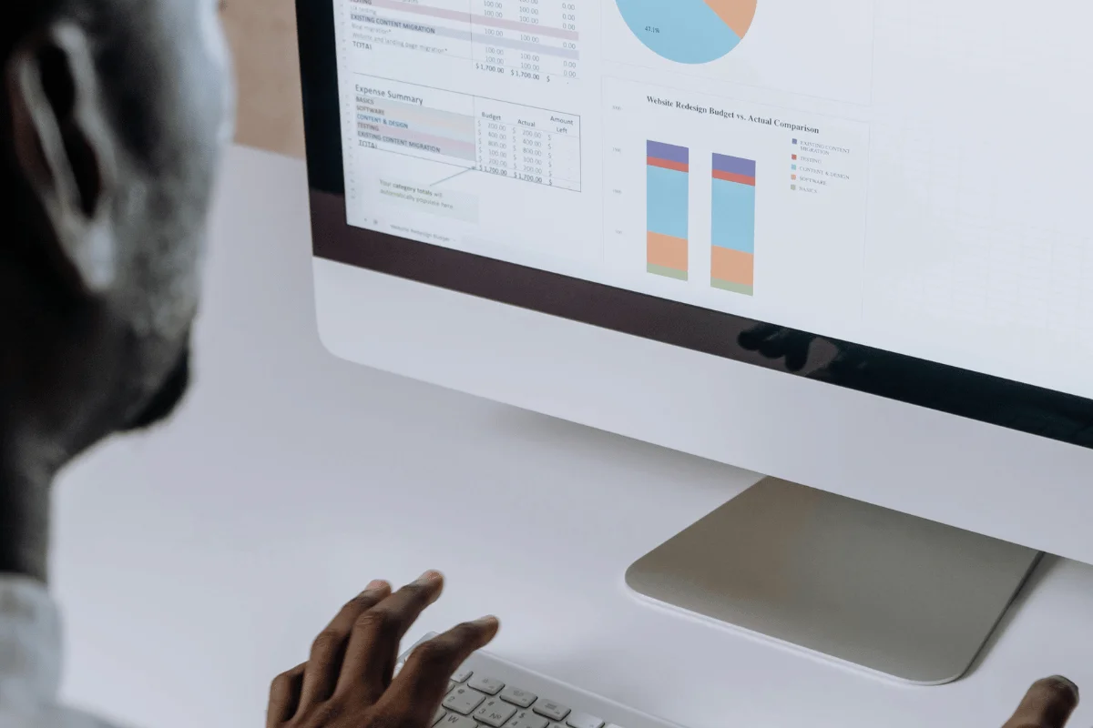 Man analyzing website budget data on desktop monitor.
