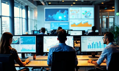 A group of professionals work at computers displaying graphs and data analytics in a modern office setting.