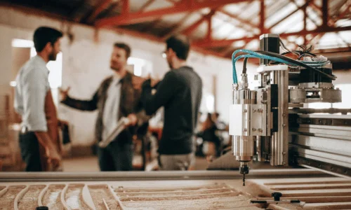 A woodworking workshop featuring a CNC machine in the foreground and two individuals discussing in the background.