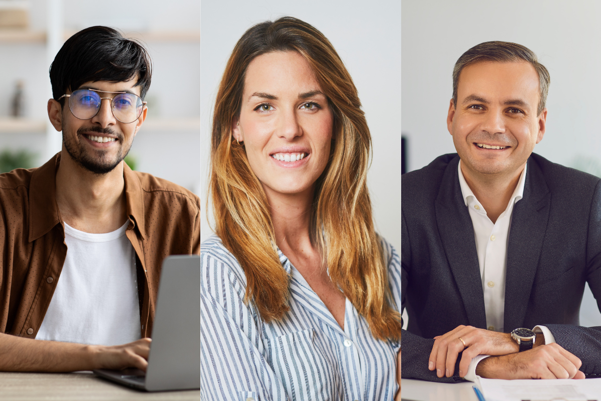 Man with glasses, professional businesswoman, businessman wearing suit