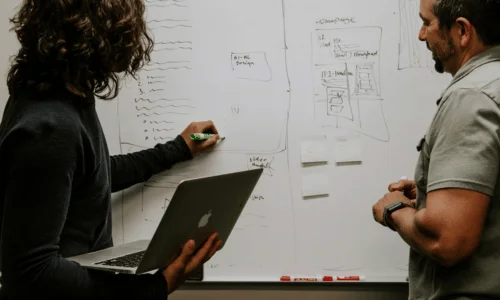 Team collaborating on website design strategy using whiteboard sketches.
