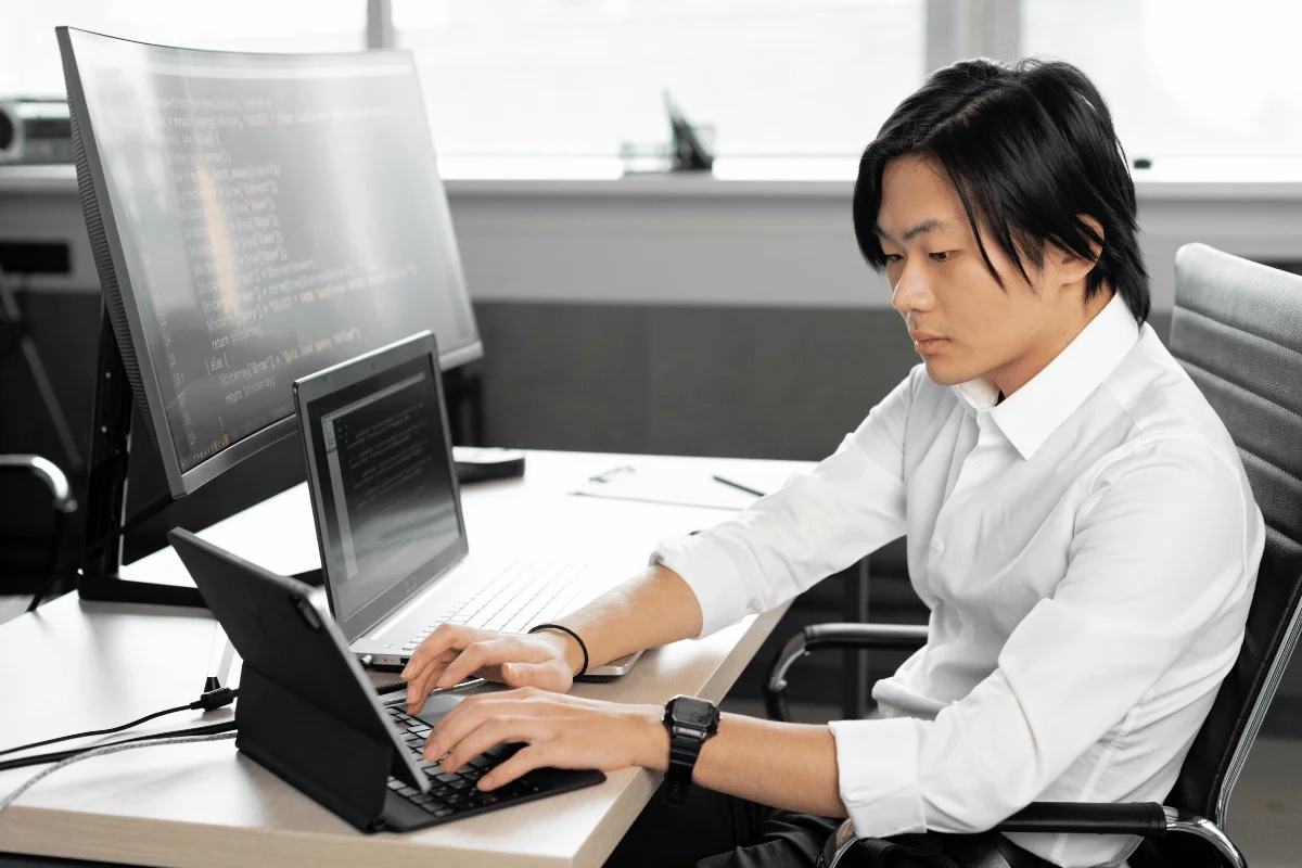 Software developer coding on laptop with large monitor in office.