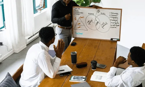 Businessman presenting marketing data on a tablet to team.
